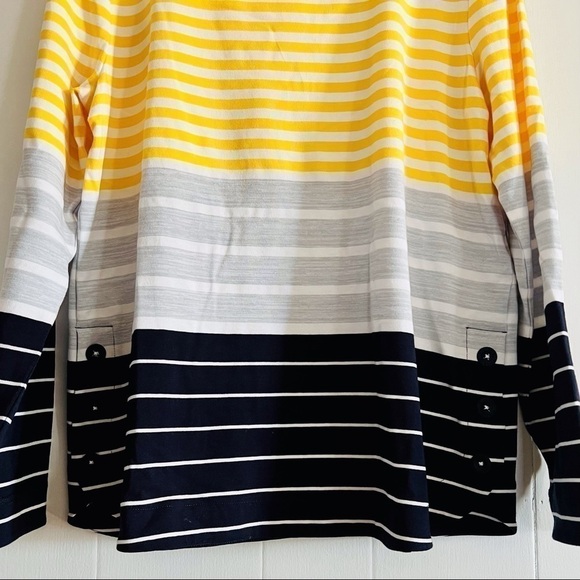 T by Talbots Yellow Black Gray & White Striped Top with Button Side Hem PL NWOT - Picture 4 of 9